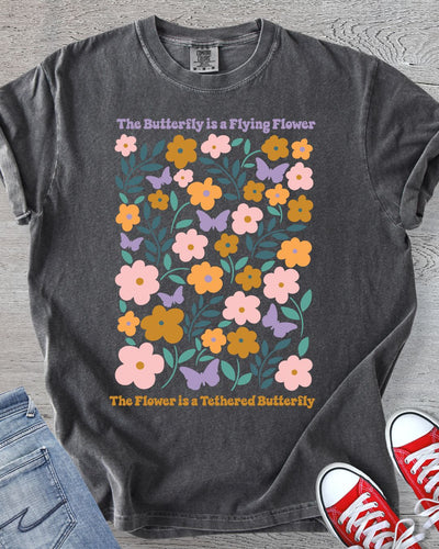 Boho floral and butterfly graphic in Comfort Colors Pepper.