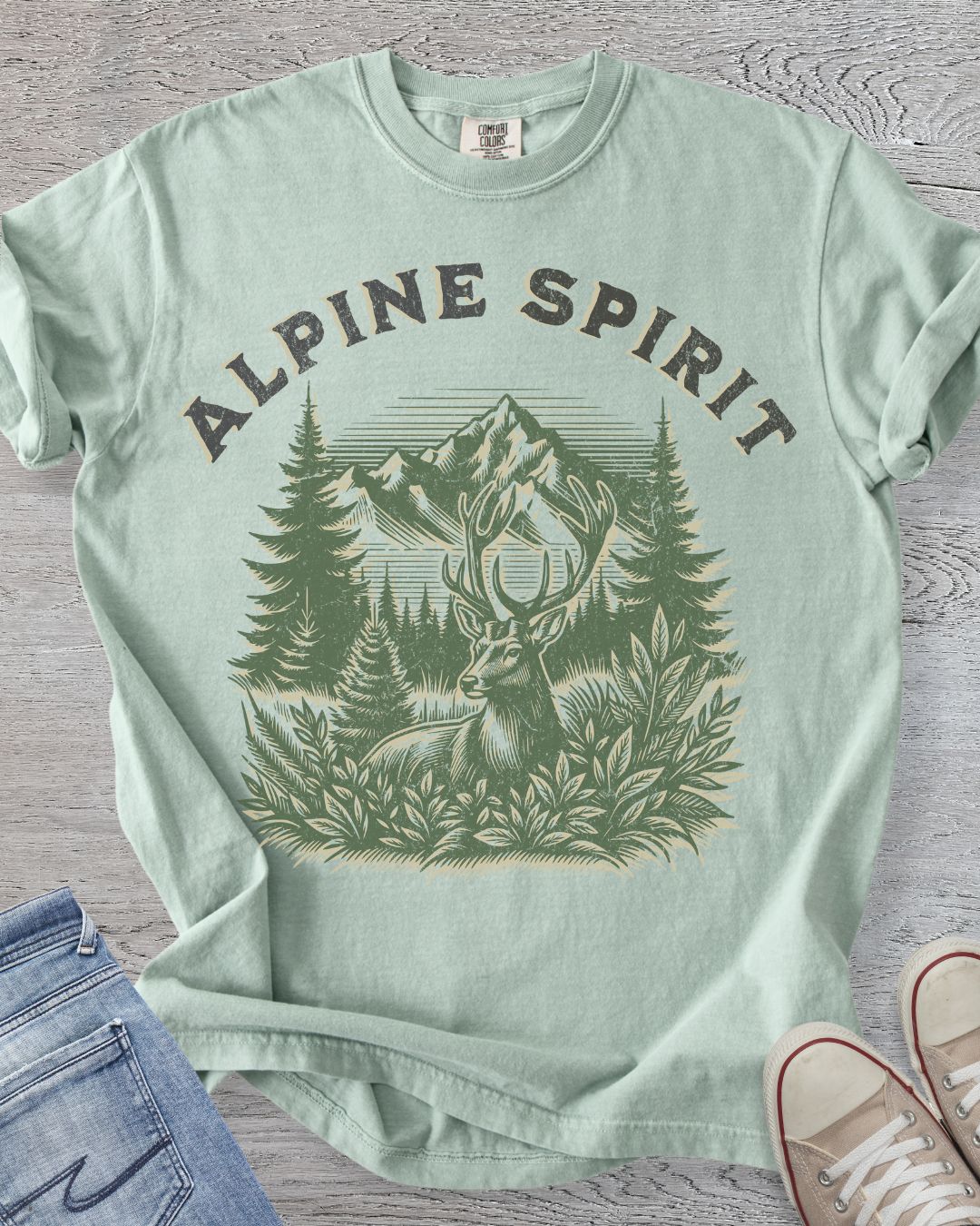 Alpine Spirit deer t-shirt with mountain and forest graphic in Comfort Color Bay