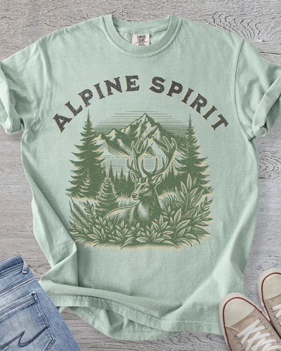 Alpine Spirit deer t-shirt with mountain and forest graphic in Comfort Color Bay