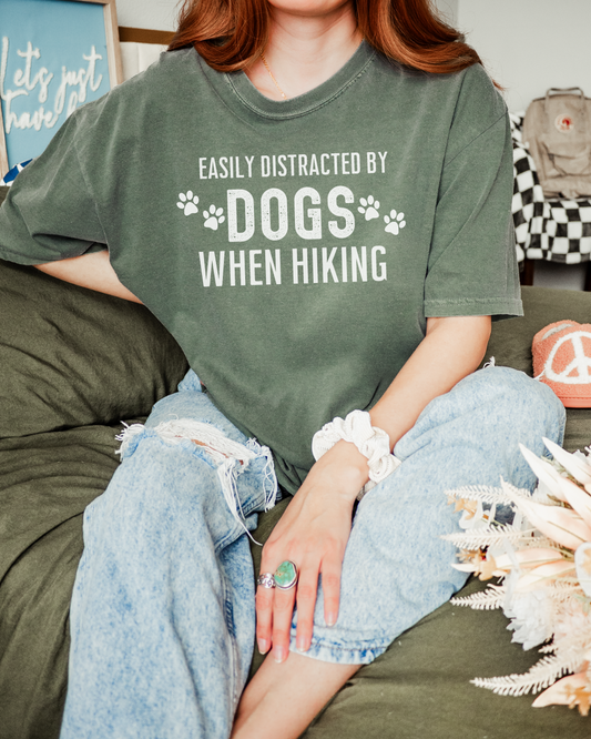 Easily Distracted By Dogs When Hiking Premium Tee_White Text