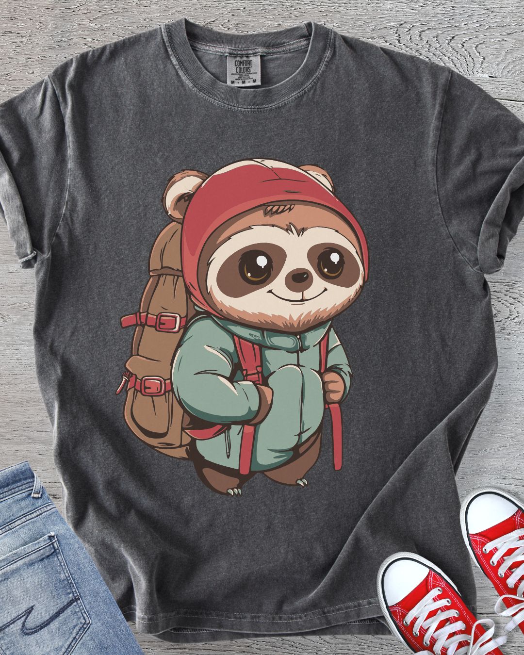 Sloth hiking Kawaii design in Comfort Colors pepper