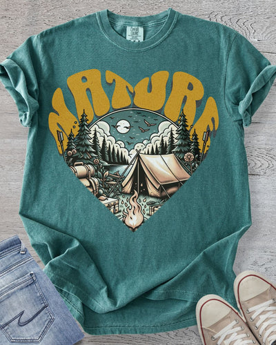 Retro Nature Lover t-shirt with heart-shaped camping scene featuring tent and campfire in Comfort Color Blue Spruce