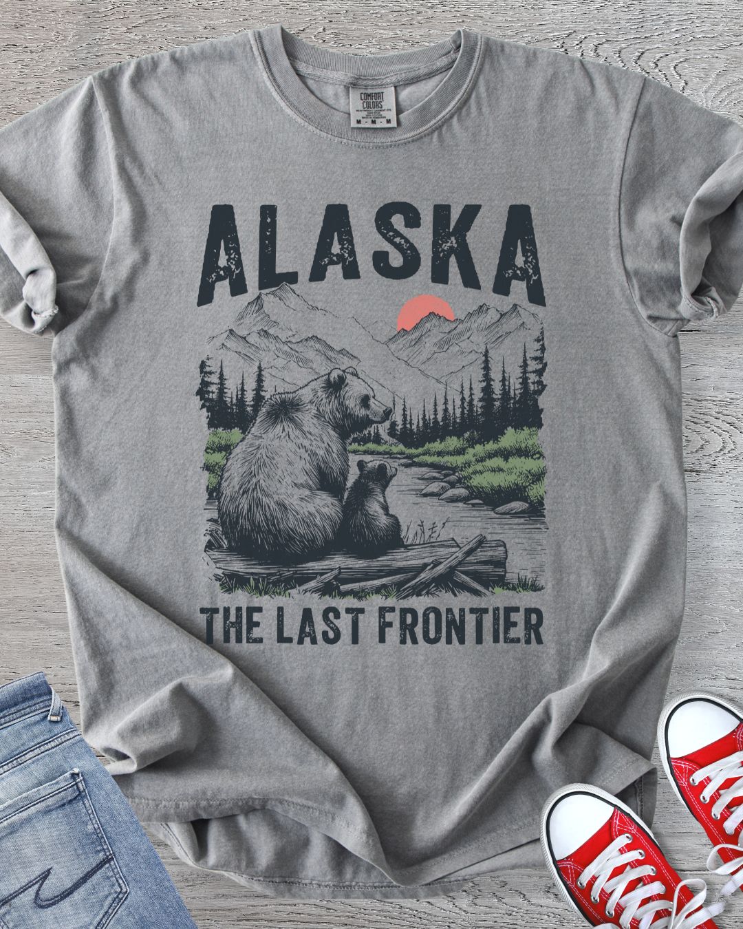 Alaska Last Frontier t-shirt with mama bear and cub in mountain wilderness scene in Comfort Color [Color]