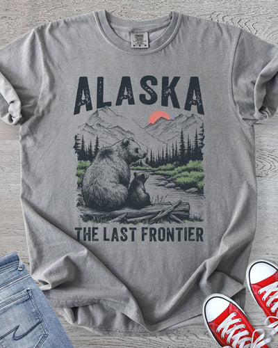 Alaska Last Frontier t-shirt with mama bear and cub in mountain wilderness scene in Comfort Color [Color]