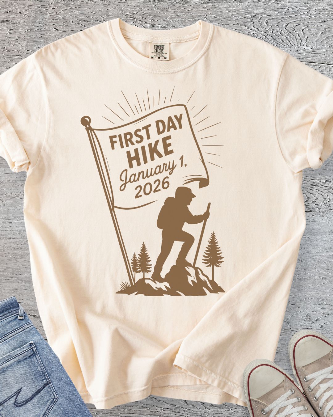 Ivory Comfort Colors tee with first day hike design.