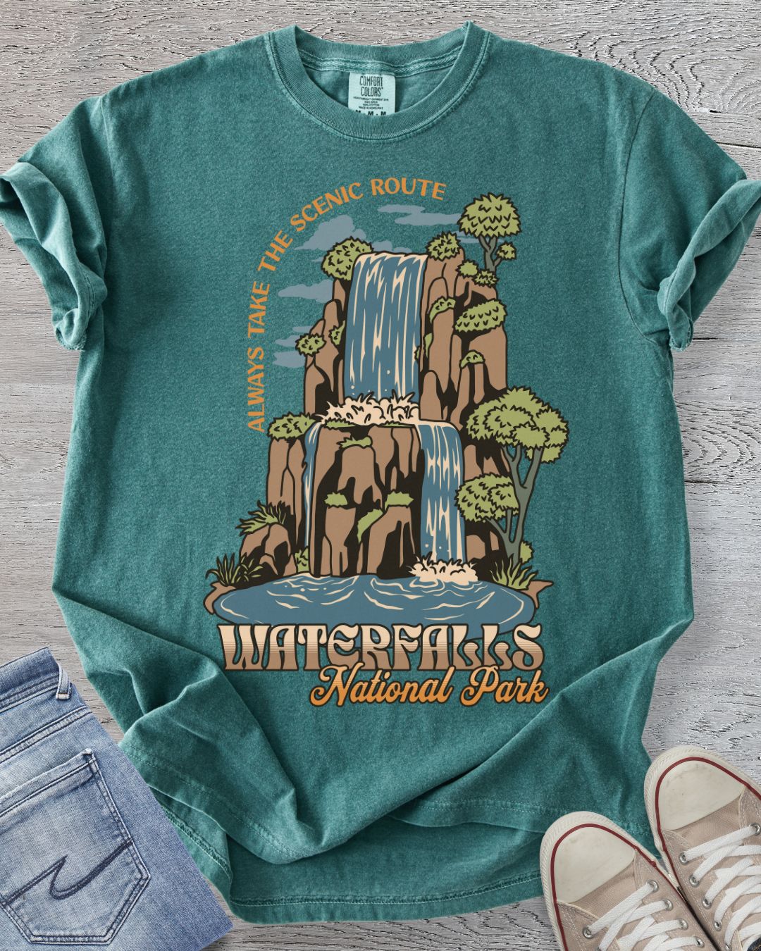 Comfort Colors tee in Blue Spruce featuring a waterfall