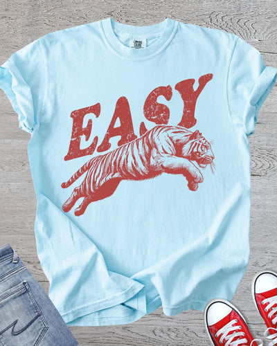 Easy Tiger retro t-shirt with leaping tiger wildlife design in Comfort Color Chambray