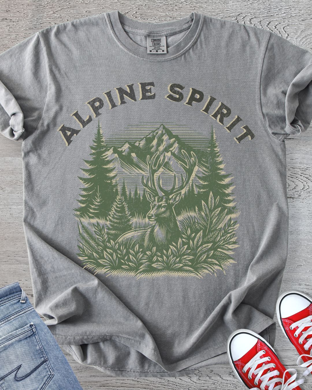 Alpine Spirit deer t-shirt with mountain and forest graphic in Comfort Color GREY